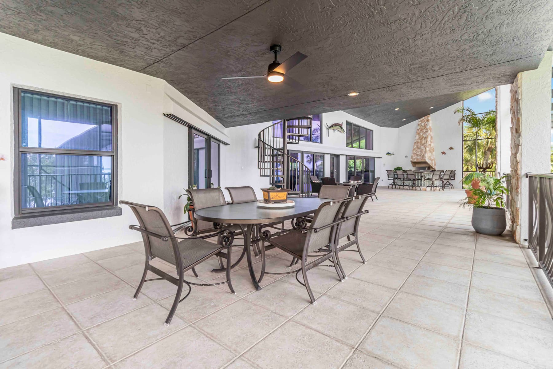 Second-floor patio with river views