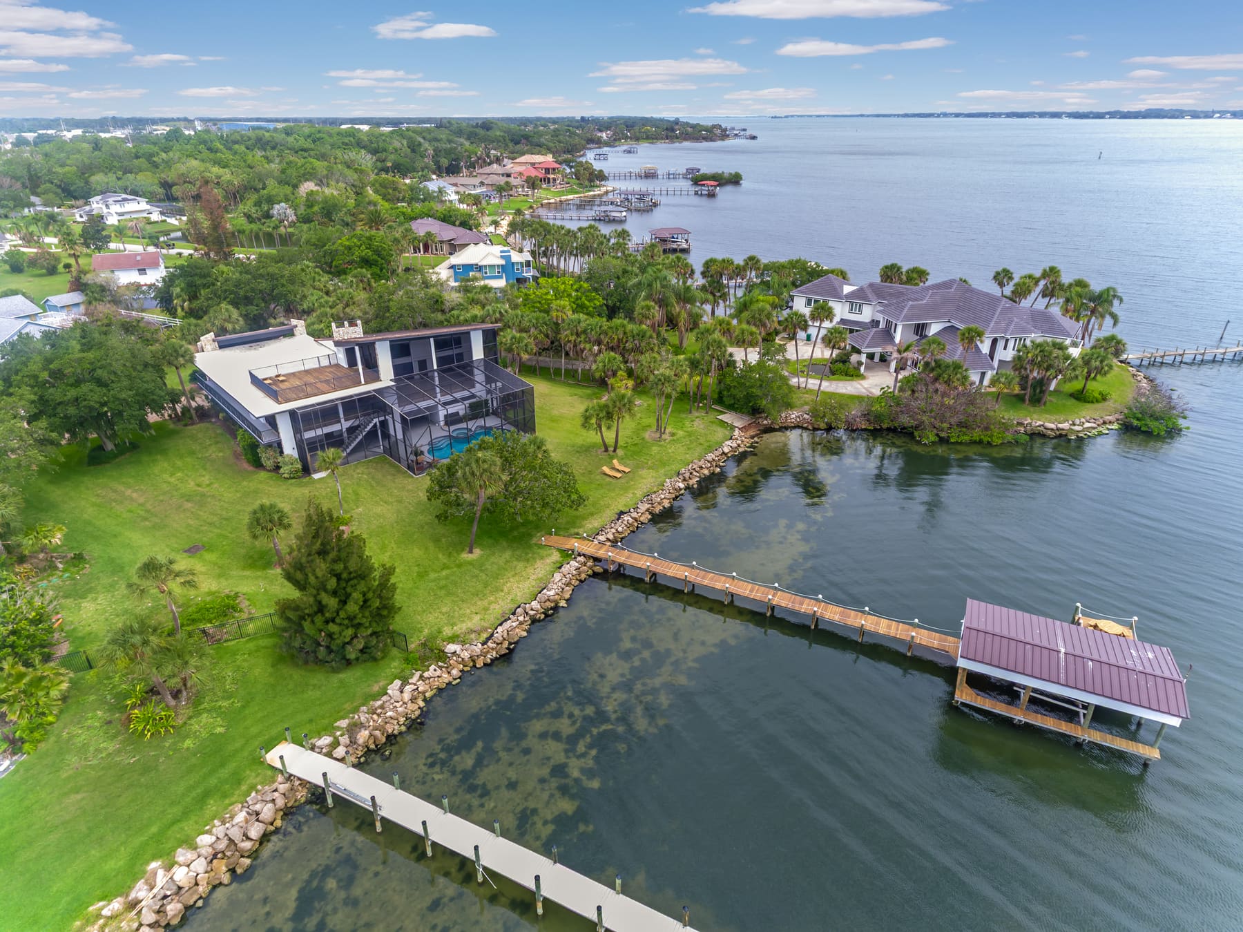 Aerial view of 110 Barnacle Place and the Indian River shoreline