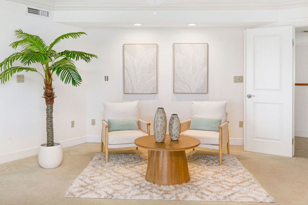 Staged second-floor primary bedroom, alternate view