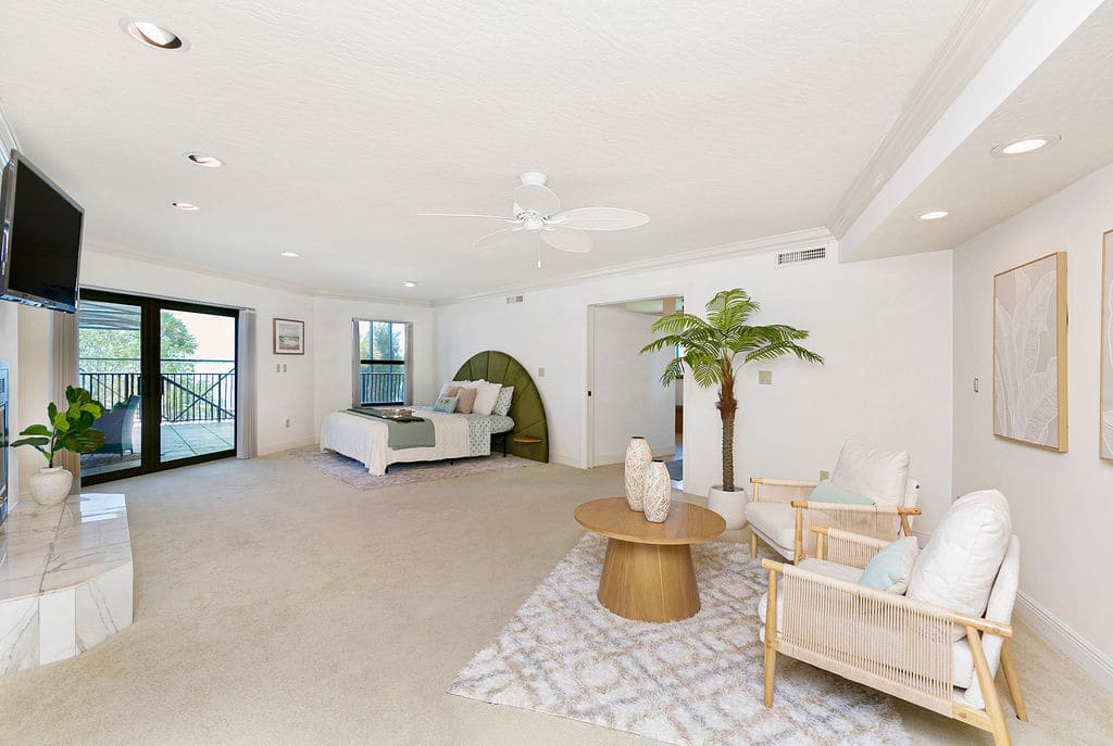 Staged second-floor primary bedroom